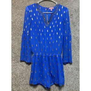 Lilly Pulitzer Embellished Blue Romper W/ Gold Leaf Print & 3/4 Sleeves XS
